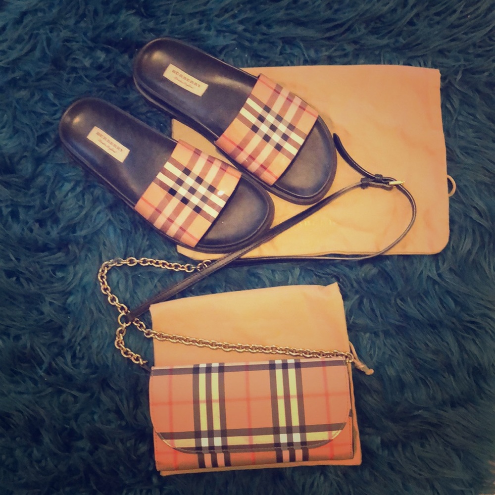 Bundled Burberry clutch and matching slippers